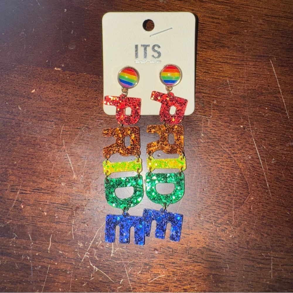 PRIDE Spellout glitter rainbow dangle earrings NWT LGBTQ